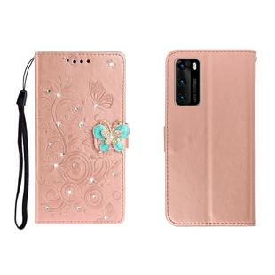 For Huawei P40 Horizontal Rhinestone Butterfly Embossed Leather Case with Card Slot & Wallet & Holder(Rose Gold)