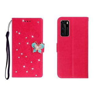 For Huawei P40 Horizontal Rhinestone Butterfly Embossed Leather Case with Card Slot & Wallet & Holder(Red)