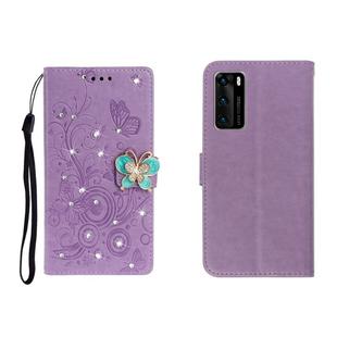 For Huawei P40 Horizontal Rhinestone Butterfly Embossed Leather Case with Card Slot & Wallet & Holder(Purple)
