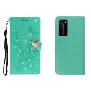 For Huawei P40 Pro Horizontal Rhinestone Butterfly Embossed Leather Case with Card Slot & Wallet & Holder(Green)