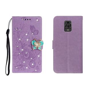 For Xiaomi Redmi Note 9 Pro Horizontal Rhinestone Butterfly Embossed Leather Case with Card Slot & Wallet & Holder(Purple)