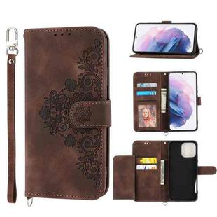 For Samsung Galaxy S22 5G Skin-feel Flowers Embossed Wallet Leather Phone Case(Brown)