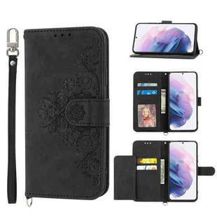 For Samsung Galaxy S22+ 5G Skin-feel Flowers Embossed Wallet Leather Phone Case(Black)
