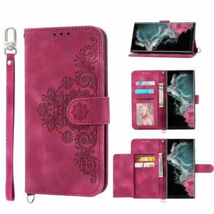 For Samsung Galaxy S22 Ultra 5G Skin-feel Flowers Embossed Wallet Leather Phone Case(Wine Red)