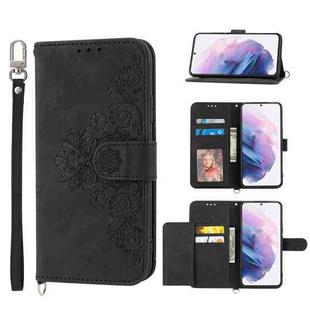 For Samsung Galaxy S21+ 5G Skin-feel Flowers Embossed Wallet Leather Phone Case(Black)