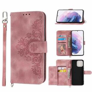 For Samsung Galaxy S21 Ultra 5G Skin-feel Flowers Embossed Wallet Leather Phone Case(Pink)
