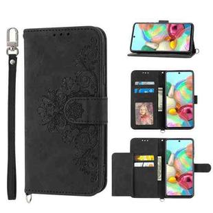 For Samsung Galaxy A71 4G Skin-feel Flowers Embossed Wallet Leather Phone Case(Black)