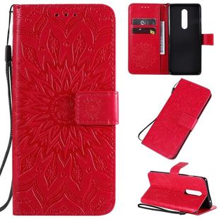 For OnePlus 8 Pressed Printing Sunflower Pattern Horizontal Flip PU Leather Case with Holder & Card Slots & Wallet & Lanyard(Red)