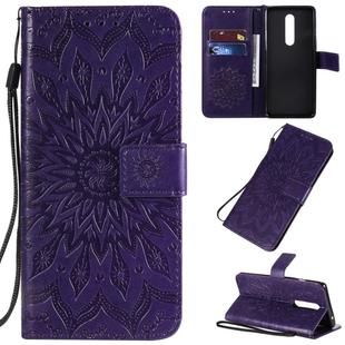 For OnePlus 8 Pressed Printing Sunflower Pattern Horizontal Flip PU Leather Case with Holder & Card Slots & Wallet & Lanyard(Purple)