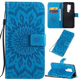 For OnePlus 8 Pro Pressed Printing Sunflower Pattern Horizontal Flip PU Leather Case with Holder & Card Slots & Wallet & Lanyard(Blue)