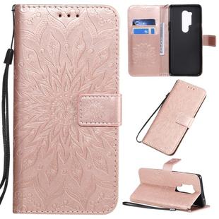 For OnePlus 8 Pro Pressed Printing Sunflower Pattern Horizontal Flip PU Leather Case with Holder & Card Slots & Wallet & Lanyard(Rose Gold)