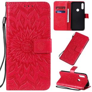 For Motorola E7 Pressed Printing Sunflower Pattern Horizontal Flip PU Leather Case with Holder & Card Slots & Wallet & Lanyard(Red)