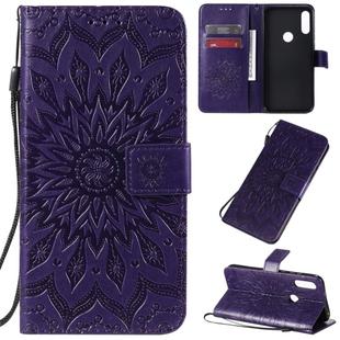 For Motorola E7 Pressed Printing Sunflower Pattern Horizontal Flip PU Leather Case with Holder & Card Slots & Wallet & Lanyard(Purple)