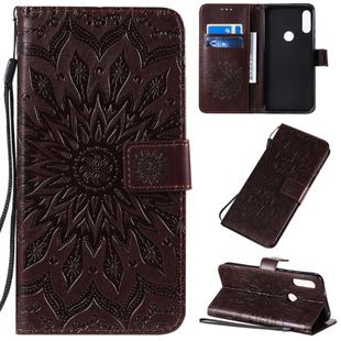 For Motorola E7 Pressed Printing Sunflower Pattern Horizontal Flip PU Leather Case with Holder & Card Slots & Wallet & Lanyard(Brown)