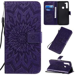 For Motorola G8 Pressed Printing Sunflower Pattern Horizontal Flip PU Leather Case with Holder & Card Slots & Wallet & Lanyard(Purple)