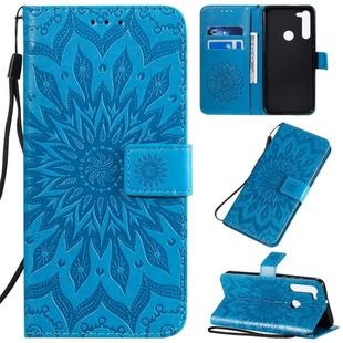 For Motorola G8 Pressed Printing Sunflower Pattern Horizontal Flip PU Leather Case with Holder & Card Slots & Wallet & Lanyard(Blue)