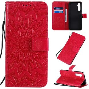 For OPPO Realme 6 Pro Pressed Printing Sunflower Pattern Horizontal Flip PU Leather Case with Holder & Card Slots & Wallet & Lanyard(Red)