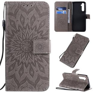 For OPPO Realme 6 Pro Pressed Printing Sunflower Pattern Horizontal Flip PU Leather Case with Holder & Card Slots & Wallet & Lanyard(Grey)