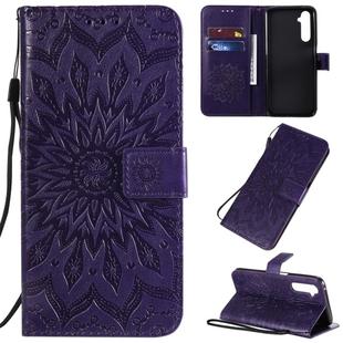 For OPPO Realme 6 Pro Pressed Printing Sunflower Pattern Horizontal Flip PU Leather Case with Holder & Card Slots & Wallet & Lanyard(Purple)