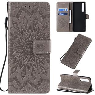 For Sony Xperia 1 II Pressed Printing Sunflower Pattern Horizontal Flip PU Leather Case with Holder & Card Slots & Wallet & Lanyard(Grey)