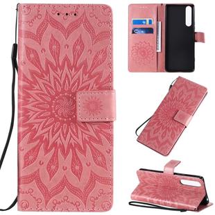 For Sony Xperia 1 II Pressed Printing Sunflower Pattern Horizontal Flip PU Leather Case with Holder & Card Slots & Wallet & Lanyard(Pink)
