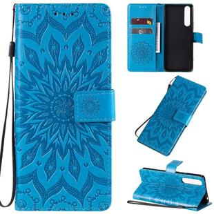 For Sony Xperia 1 II Pressed Printing Sunflower Pattern Horizontal Flip PU Leather Case with Holder & Card Slots & Wallet & Lanyard(Blue)