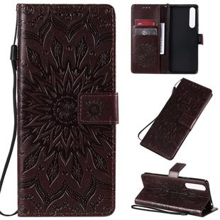 For Sony Xperia 1 II Pressed Printing Sunflower Pattern Horizontal Flip PU Leather Case with Holder & Card Slots & Wallet & Lanyard(Brown)