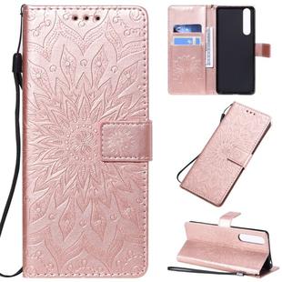For Sony Xperia 1 II Pressed Printing Sunflower Pattern Horizontal Flip PU Leather Case with Holder & Card Slots & Wallet & Lanyard(Rose Gold)