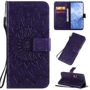 For Xiaomi MI 10 / 10 Pro Pressed Printing Sunflower Pattern Horizontal Flip PU Leather Case with Holder & Card Slots & Wallet & Lanyard(Purple)