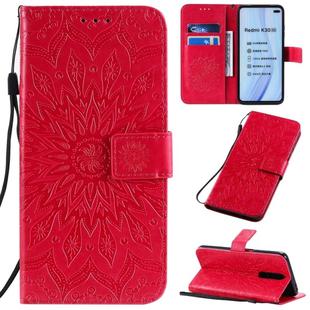 For Xiaomi Redmi K30 Pressed Printing Sunflower Pattern Horizontal Flip PU Leather Case with Holder & Card Slots & Wallet & Lanyard(Red)