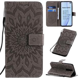 For Xiaomi Redmi K30 Pressed Printing Sunflower Pattern Horizontal Flip PU Leather Case with Holder & Card Slots & Wallet & Lanyard(Grey)