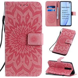 For Xiaomi Redmi K30 Pressed Printing Sunflower Pattern Horizontal Flip PU Leather Case with Holder & Card Slots & Wallet & Lanyard(Pink)