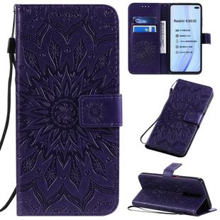 For Xiaomi Redmi K30 Pressed Printing Sunflower Pattern Horizontal Flip PU Leather Case with Holder & Card Slots & Wallet & Lanyard(Purple)