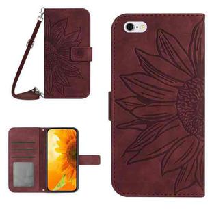 For iPhone 6s Plus Skin Feel Sun Flower Pattern Flip Leather Phone Case with Lanyard(Wine Red)