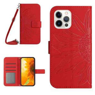 For iPhone 12 Pro Max Skin Feel Sun Flower Pattern Flip Leather Phone Case with Lanyard(Red)