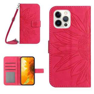 For iPhone 12 Pro Max Skin Feel Sun Flower Pattern Flip Leather Phone Case with Lanyard(Rose Red)