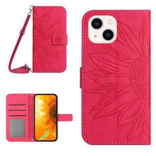 For iPhone 13 Skin Feel Sun Flower Pattern Flip Leather Phone Case with Lanyard(Rose Red)