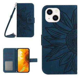 For iPhone 13 Skin Feel Sun Flower Pattern Flip Leather Phone Case with Lanyard(Inky Blue)