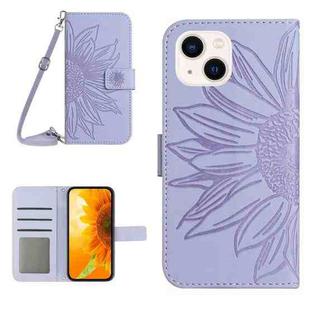 For iPhone 14 Skin Feel Sun Flower Pattern Flip Leather Phone Case with Lanyard(Purple)