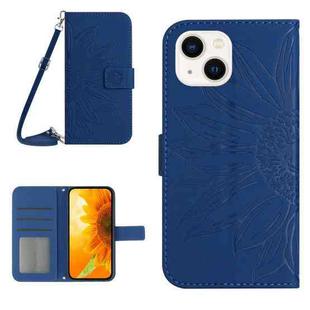 For iPhone 14 Plus Skin Feel Sun Flower Pattern Flip Leather Phone Case with Lanyard(Dark Blue)