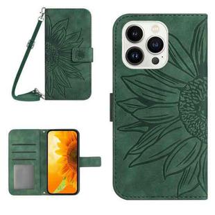 For iPhone 14 Pro Skin Feel Sun Flower Pattern Flip Leather Phone Case with Lanyard(Green)