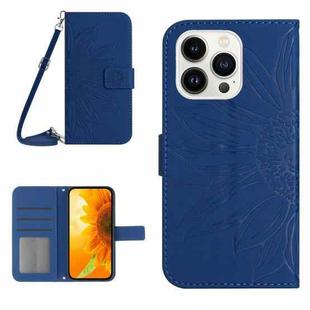 For iPhone 14 Pro Max Skin Feel Sun Flower Pattern Flip Leather Phone Case with Lanyard(Dark Blue)