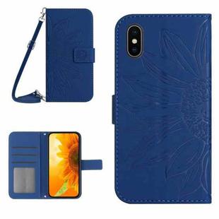 For iPhone X / XS Skin Feel Sun Flower Pattern Flip Leather Phone Case with Lanyard(Dark Blue)