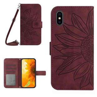 For iPhone X / XS Skin Feel Sun Flower Pattern Flip Leather Phone Case with Lanyard(Wine Red)