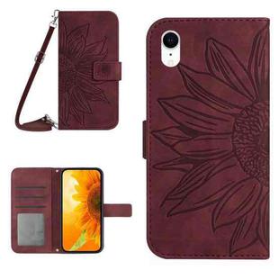 For iPhone XR Skin Feel Sun Flower Pattern Flip Leather Phone Case with Lanyard(Wine Red)