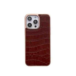 For iPhone 14 Pro Max Nano Electroplating Crocodile Texture Genuine Leather Phone Case(Coffee Brown)