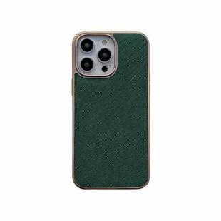 For iPhone 14 Pro Max Nano Electroplating Cross Texture Genuine Leather Phone Case(Green)