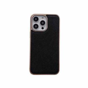 For iPhone 14 Pro Max Nano Electroplating Cross Texture Genuine Leather Phone Case(Black)