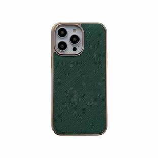 For iPhone 14 Pro Nano Electroplating Cross Texture Genuine Leather Phone Case(Green)