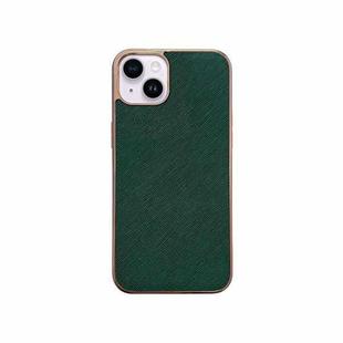 For iPhone 14 Nano Electroplating Cross Texture Genuine Leather Phone Case(Green)